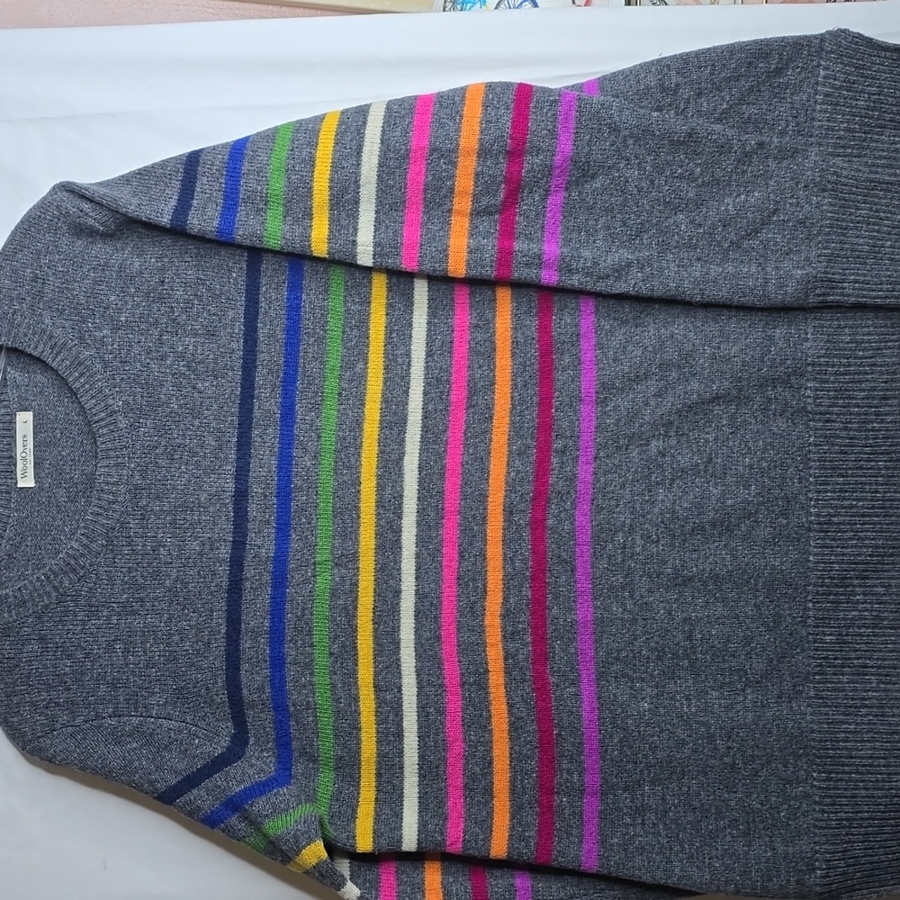 WoolOvers Crewneck Pullover Grey Rainbow Stripes Pure Merino Wool - Picture 3 of 8